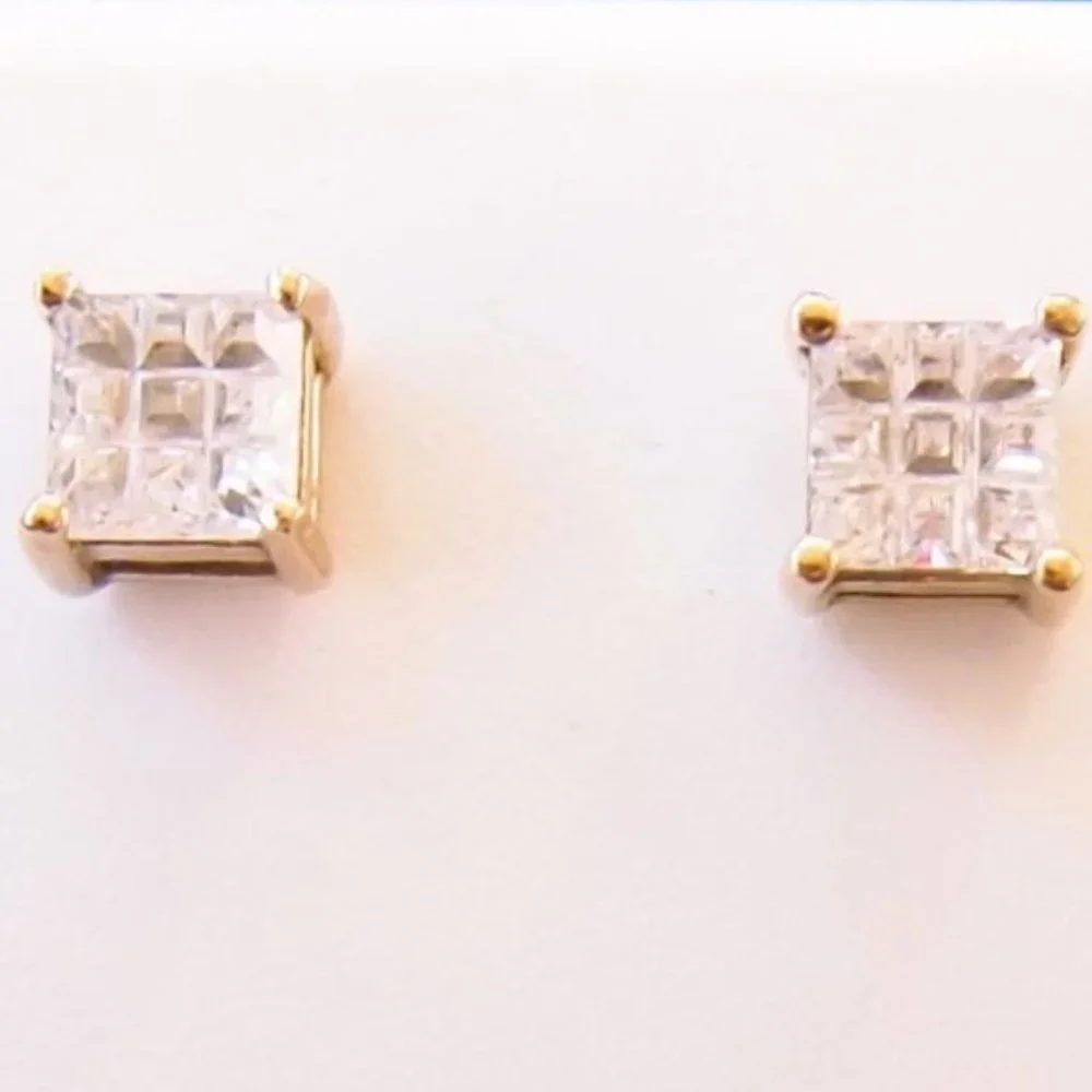 NOS 14 K. Gold Over .925 Sterling Silver Diamond Earring Studs 6mm x 6mm